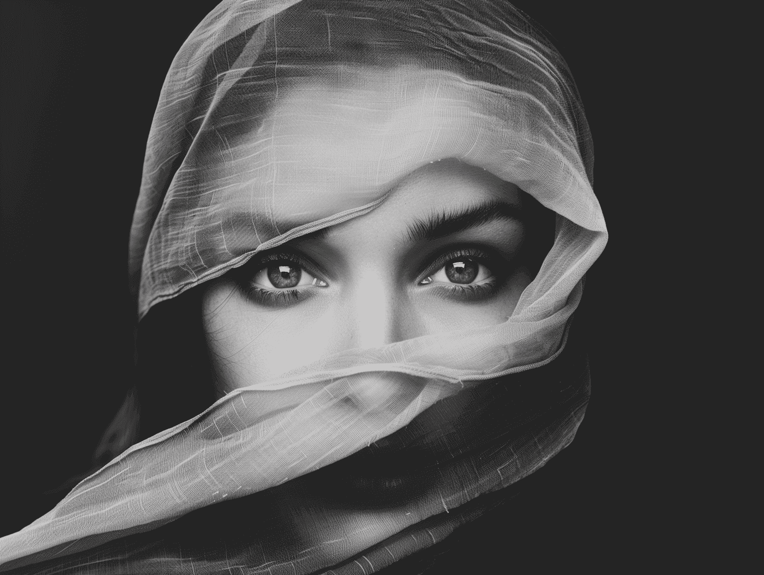 Black and white portrait of a woman whose eyes look out through a sheer veil