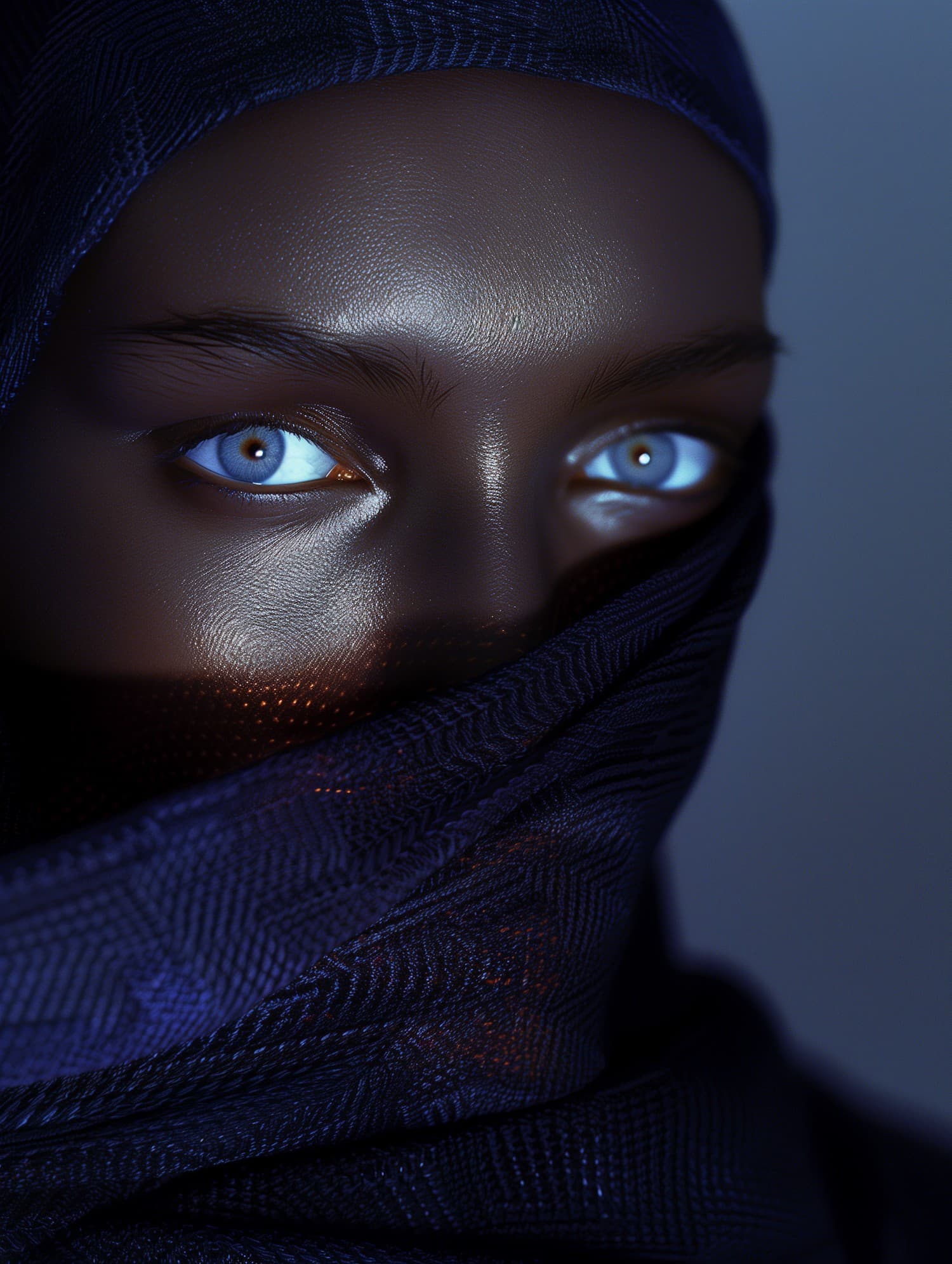 Close portrait of a woman with luminous blue eyes wrapped in a navy woven scarf
