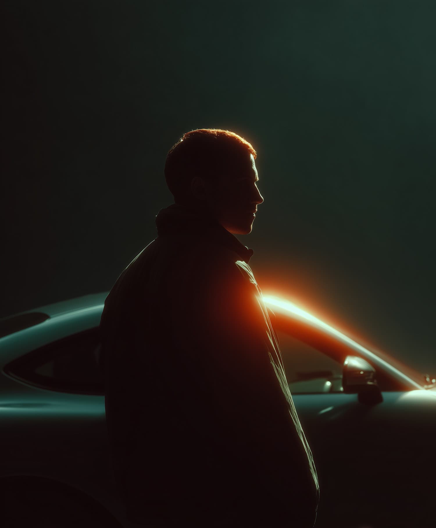 Silhouetted man beside a sports car, rim-lit in amber against a dark green haze