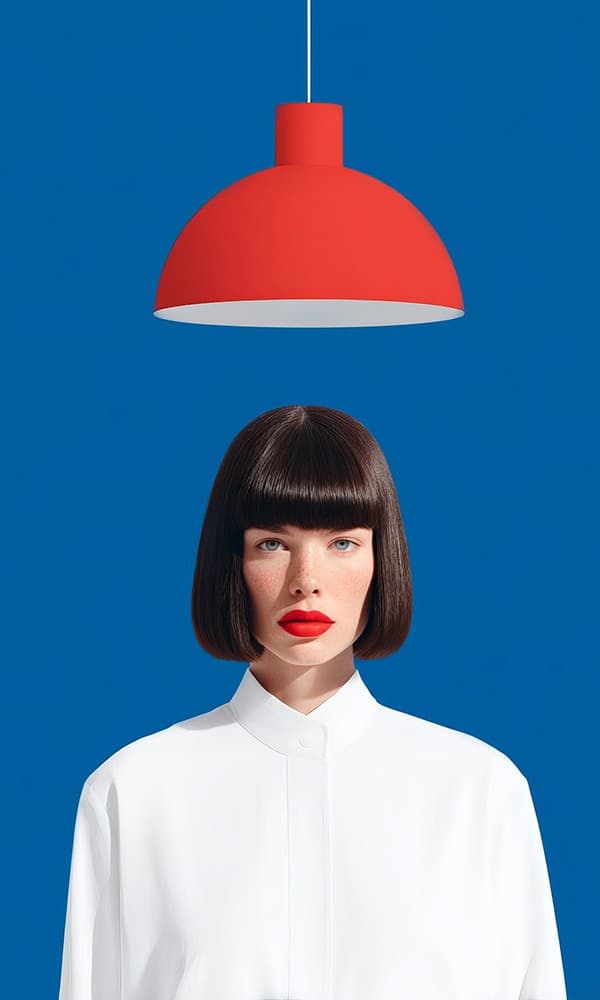 Woman with a bob haircut beneath a red pendant lamp on a blue background